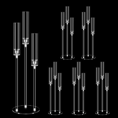 Cherocito 6 Set 3 Arms Acrylic Candelabra Centerpieces for Wedding Table Decorations307 Clear Candlesticks Holder with Acrylic Shade for Valentines Day Dinner Party Fireplace Decor Fit LED Candle - Image 1