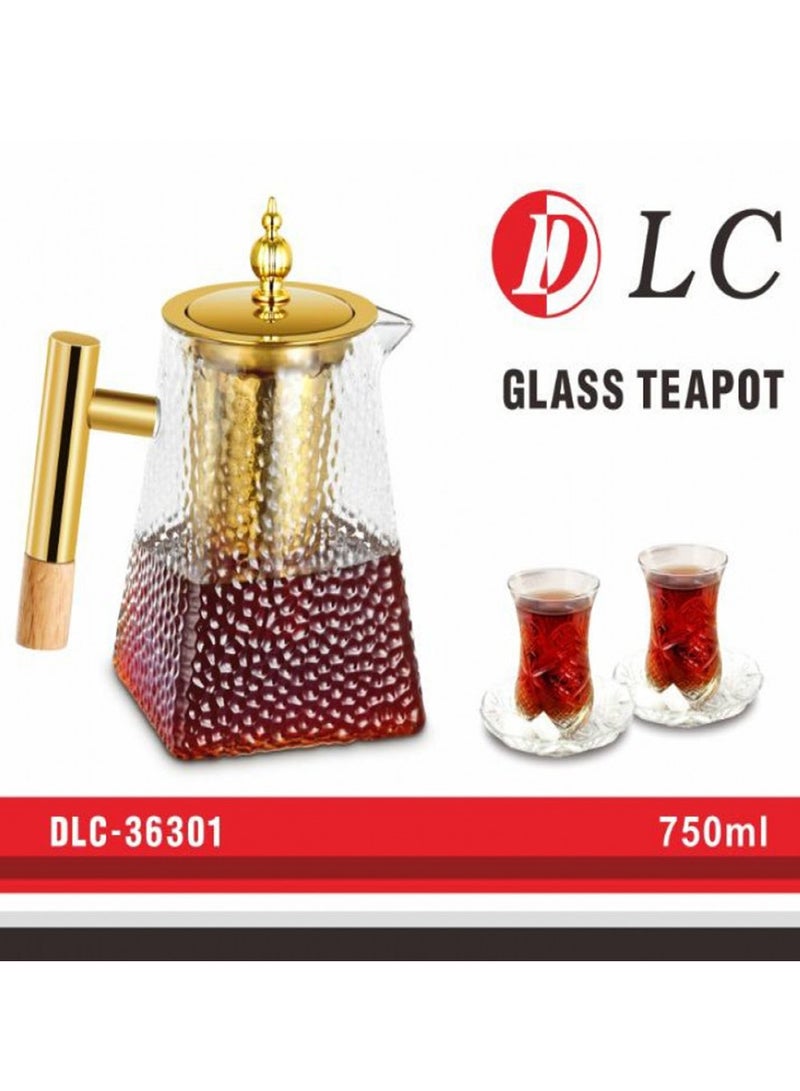 DLC 750ml Glass Tea Pot with SUS 304 Filter Screen and a gold-colored top and base, DLC-36301 - Tea Glass is not included - Image 2