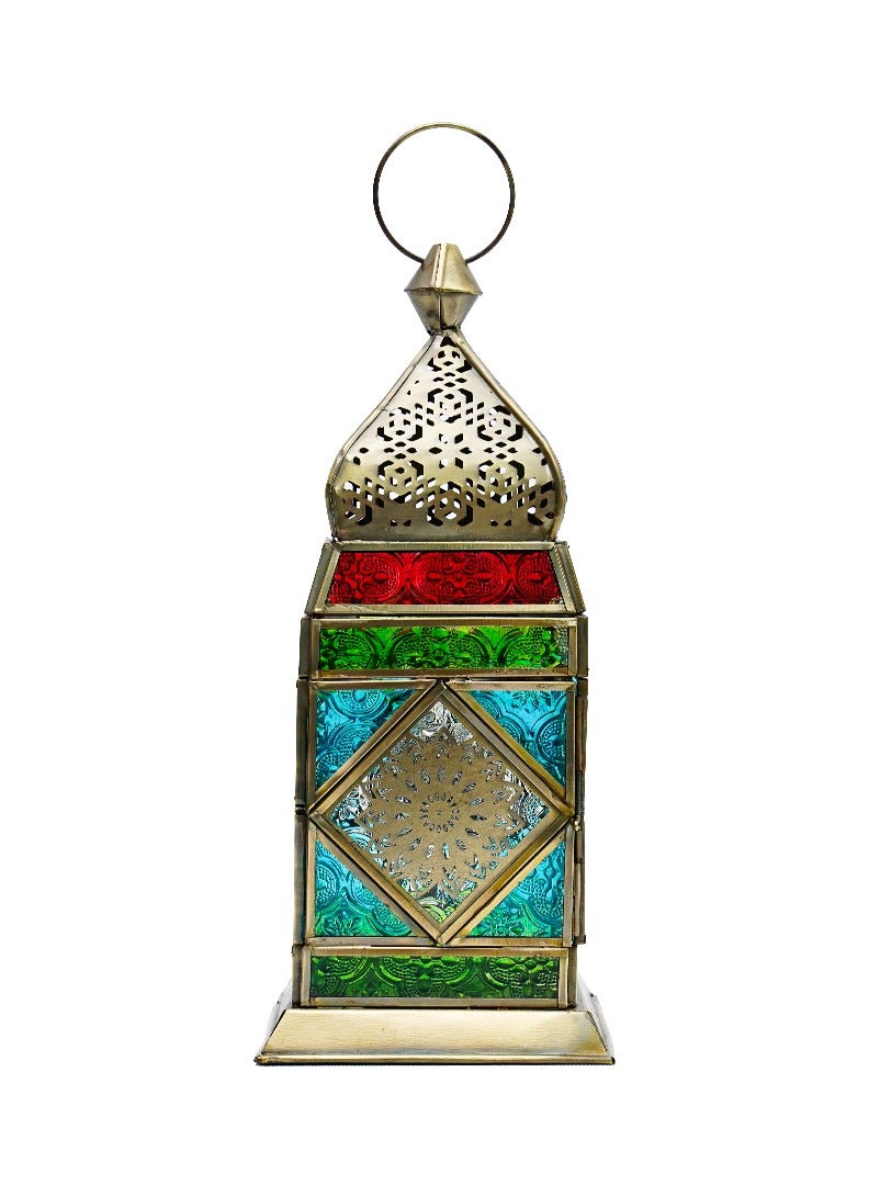 HilalFul Cairo Brass Antique Multicolored Glass Decorative Candle Holder Lantern | Home Décor in Eid, Ramadan, Wedding | Living Room, Bedroom, Indoor, Outdoor Decoration | Islamic Themed | Moroccan