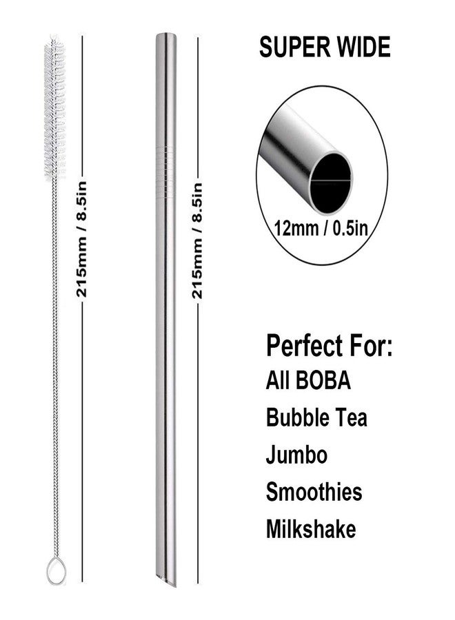 morneve Boba Straws, Reusable Straw Metal Smoothies Jumbo Bubble Tea Tapioca Pearls Milkshake Straws, Pointed Stainless Steel Drinking Straws with Silicone Tips Carry Bag Brush 12mm 0.5" Wide, Silver 4 Pack - Image 2