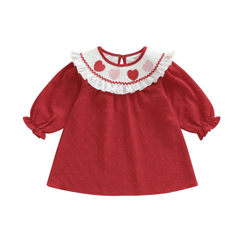 Rourufy Toddler Girl Valentines Outfit Ruffle Heart Smocked Dress Baby Girls Princess Dresses Kids Spring Fall Clothes (J Ruffle Heart Red, 2-3 Years) - Image 1