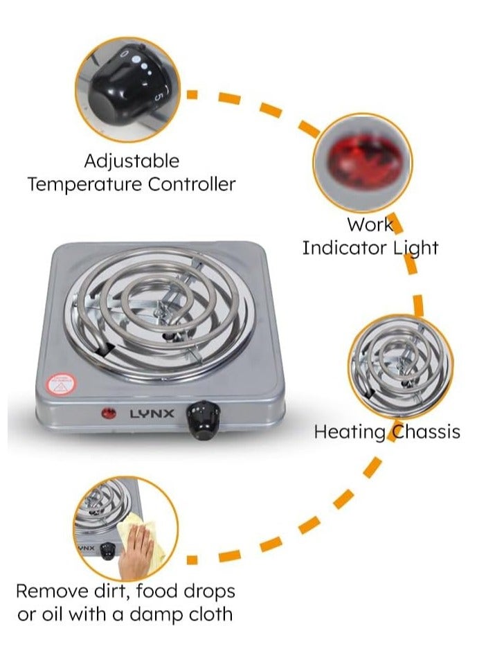 LYNX Small Electric Cooktop - Single Burner Stainless Steel with Five-Stage Temperature Control, Overheat Protection, and Power Indicator Lights, Lightweight and Easy to Clean, 1000W Model LY-HP-6012 - Image 2