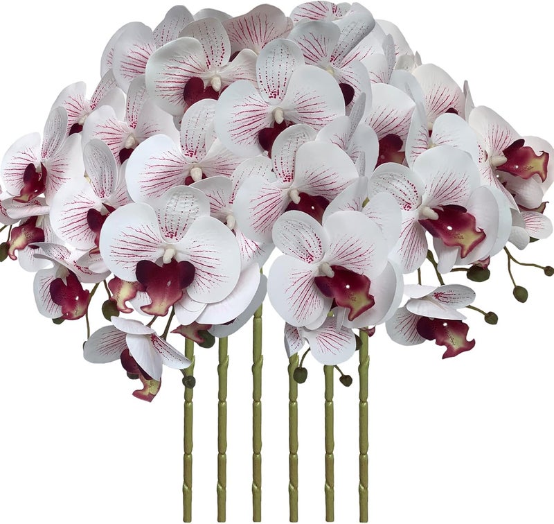 FagusHome Artificial Phalaenopsis Orchids on Stem for Home Decoration 80cm Pack of 6 White with Purple Lines - Image 1