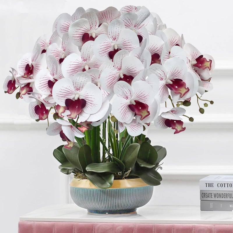FagusHome Artificial Phalaenopsis Orchids on Stem for Home Decoration 80cm Pack of 6 White with Purple Lines - Image 5