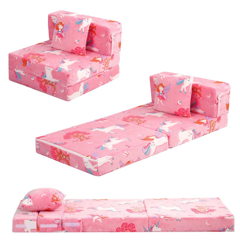 MeMoreCool Foldable Futon Chair Bed for Kids, Glow Tri-fold Sofa Bed Convertible Toddler Sofa Mattress, Foam Floor Couch for Sitting, Pink - Image 1