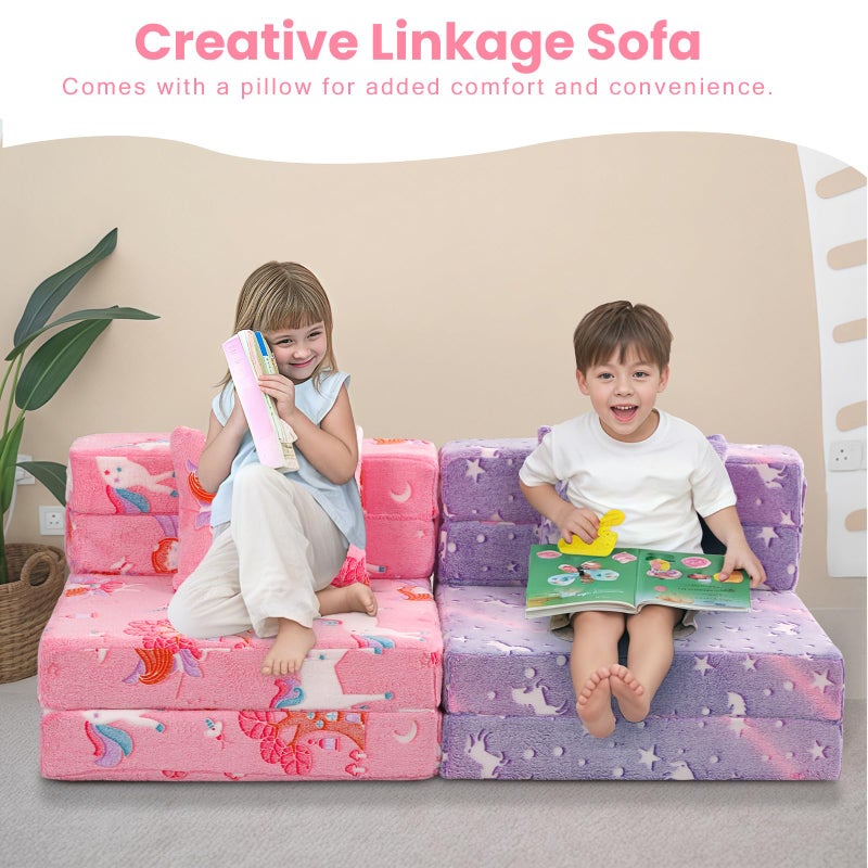 MeMoreCool Foldable Futon Chair Bed for Kids, Glow Tri-fold Sofa Bed Convertible Toddler Sofa Mattress, Foam Floor Couch for Sitting, Pink - Image 2