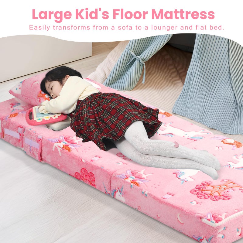 MeMoreCool Foldable Futon Chair Bed for Kids, Glow Tri-fold Sofa Bed Convertible Toddler Sofa Mattress, Foam Floor Couch for Sitting, Pink - Image 3