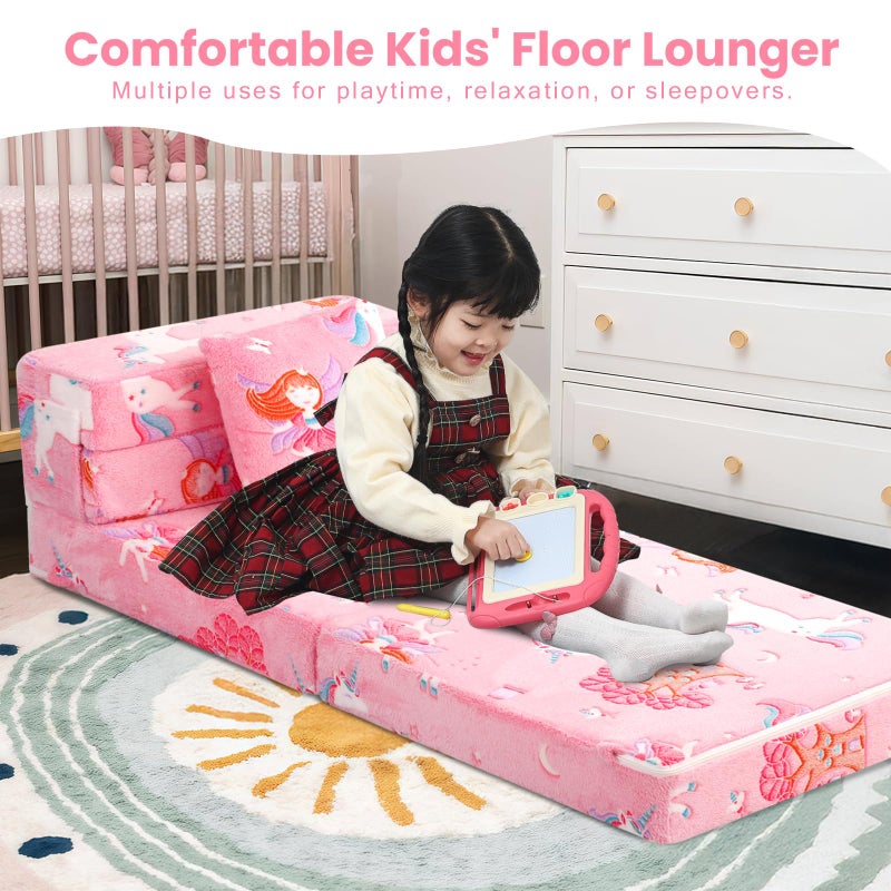 MeMoreCool Foldable Futon Chair Bed for Kids, Glow Tri-fold Sofa Bed Convertible Toddler Sofa Mattress, Foam Floor Couch for Sitting, Pink - Image 4