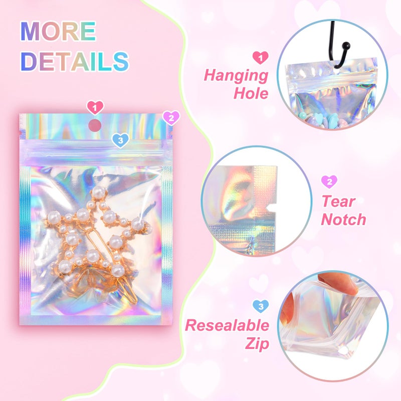 ANZNKU 100 Pack Mylar Bags Reasealable Holographic Bags, Smell Proof Bag Zipper Pouches with Clear Window, Jewelry Candy Sealable Bag for Packaging Sample Party Favor (2.4 x 3.9 Inch) - Image 3