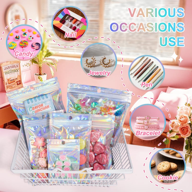 ANZNKU 100 Pack Mylar Bags Reasealable Holographic Bags, Smell Proof Bag Zipper Pouches with Clear Window, Jewelry Candy Sealable Bag for Packaging Sample Party Favor (2.4 x 3.9 Inch) - Image 4