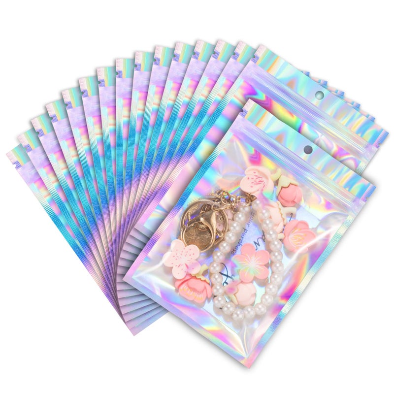 ANZNKU 100 Pack Mylar Bags Reasealable Holographic Bags, Smell Proof Bag Zipper Pouches with Clear Window, Jewelry Candy Sealable Bag for Packaging Sample Party Favor (2.4 x 3.9 Inch) - Image 1