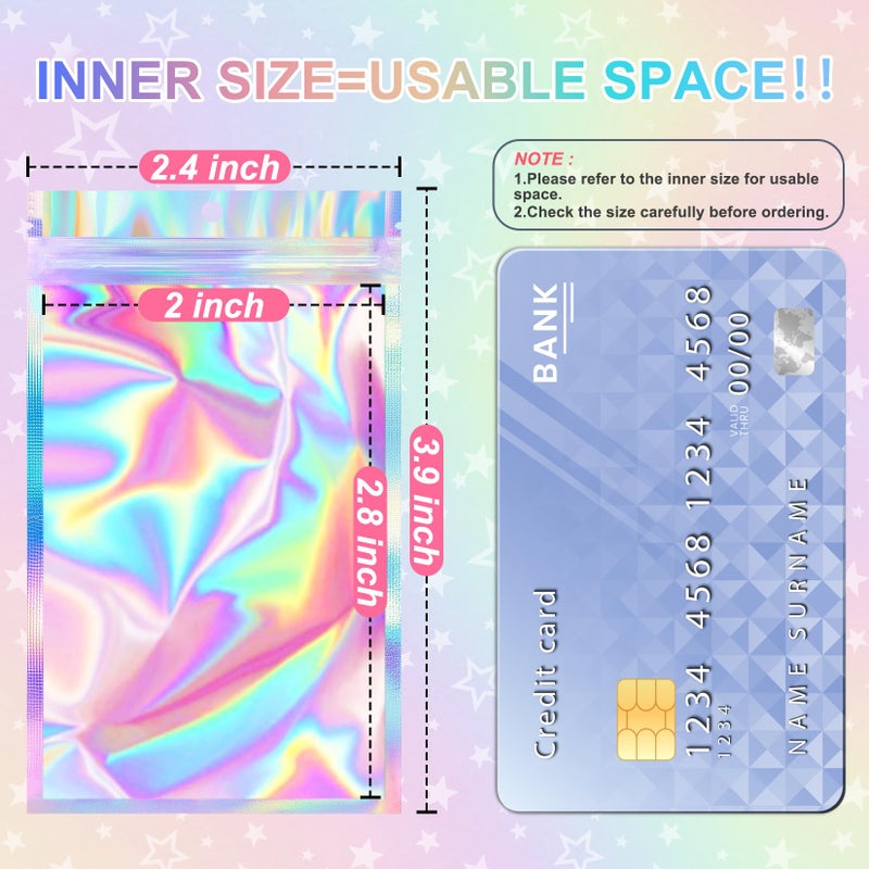 ANZNKU 100 Pack Mylar Bags Reasealable Holographic Bags, Smell Proof Bag Zipper Pouches with Clear Window, Jewelry Candy Sealable Bag for Packaging Sample Party Favor (2.4 x 3.9 Inch) - Image 2