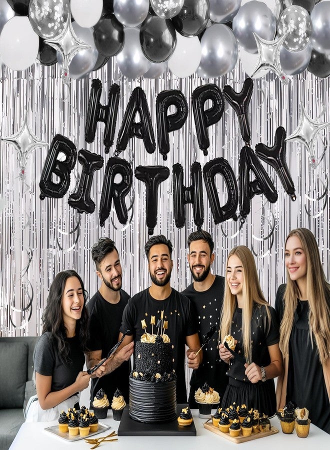 SPFYunion 92 قطعة من زينة عيد الميلاد باللونين الأسود والفضي، تشمل بالونات وستائر شراشيب ودوامات، مناسبة للأولاد والرجال والفتيات والنساء في أعياد الميلاد من 16 إلى 60 عامًا. - Image 5