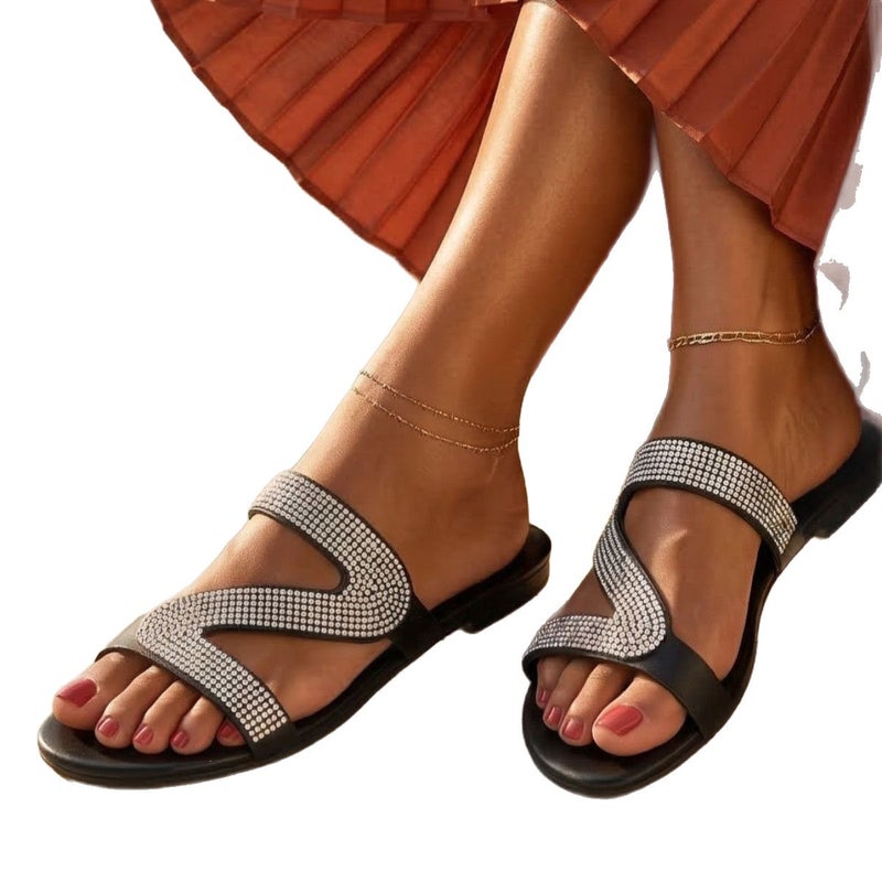 Women's Flat Sandals with Rhinestones, Comfortable Slip-On - Image 5
