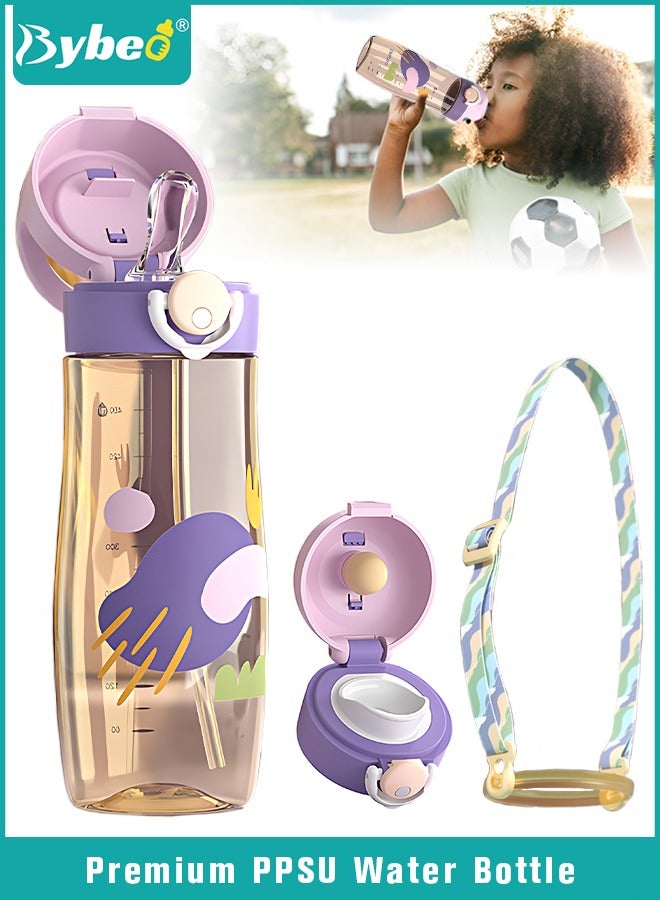 بيبو زجاجة ماء للأطفال من PPSU مع قشاط وفوهة، زجاجة شرب للأطفال مع حزام قابل للإزالة، كوب شرب للأطفال، خالية من مادة البيسفينول أ، مانعة للتسريب بتصميم كرتوني رياضي للرحلات والمدرسة، 480 مل، اللون الأخضر - Image 1