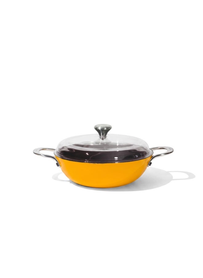 CUMIN CO. Cast Iron Kadai LITE with Lid | 2L, 24 cm | Induction Base Cookware |5 Years Warranty | Non Toxic Heavy Bottom Kadhai for Frying | Chemical Free Coating | Free Accessories | Mustard