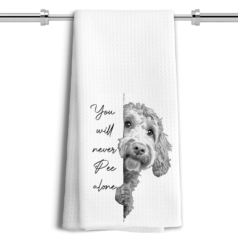 LUKIPOM Funny Goldendoodle Dog Hand Towels, You Will Never Pee Alone Funny Bathroom Hand Towels, Goldendoodle Gifts, Dog Bathroom Decor, 16x24 Inches - Image 1