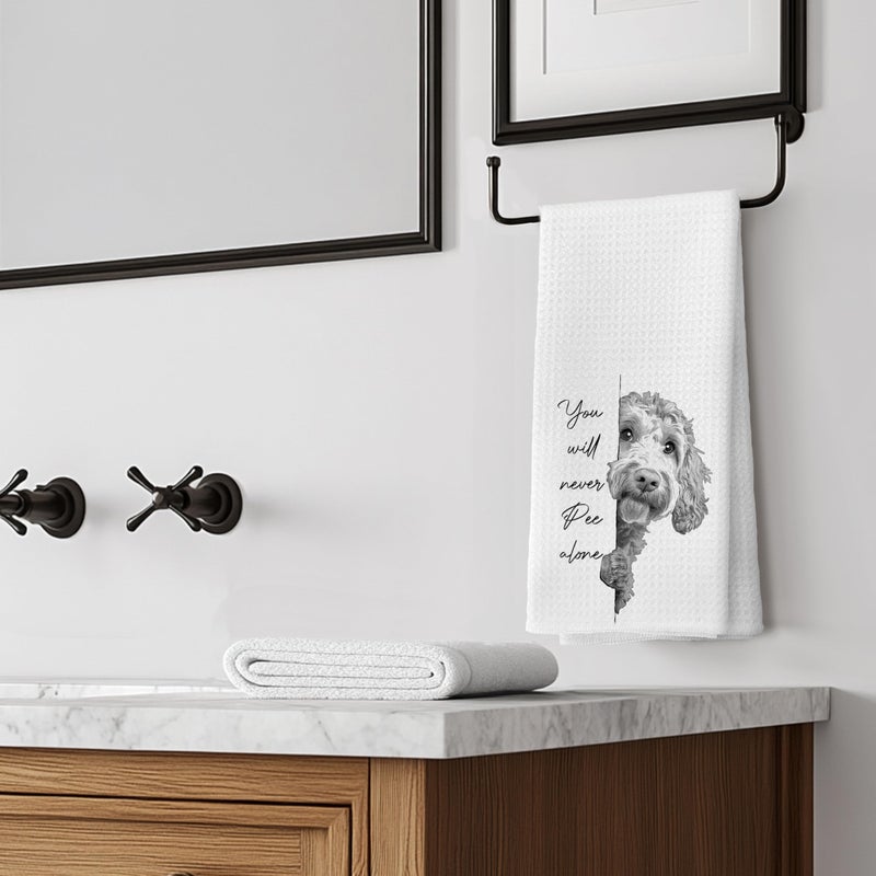 LUKIPOM Funny Goldendoodle Dog Hand Towels, You Will Never Pee Alone Funny Bathroom Hand Towels, Goldendoodle Gifts, Dog Bathroom Decor, 16x24 Inches - Image 4