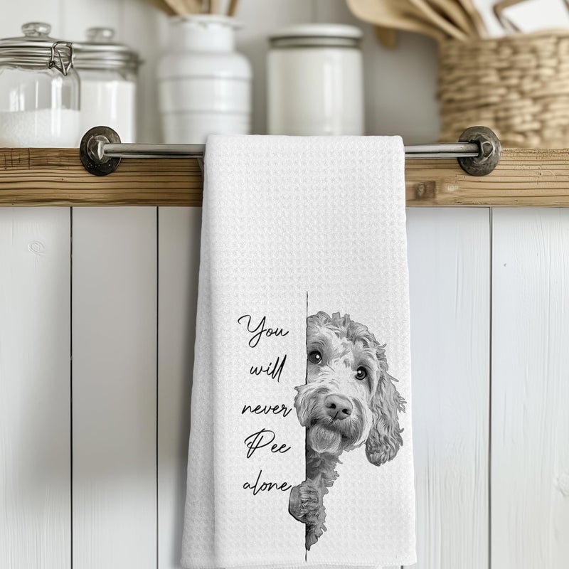 LUKIPOM Funny Goldendoodle Dog Hand Towels, You Will Never Pee Alone Funny Bathroom Hand Towels, Goldendoodle Gifts, Dog Bathroom Decor, 16x24 Inches - Image 3