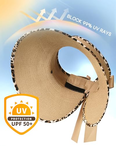 Camptrace Sun Visors for Women Wide Brim Beach Hat Foldable Straw Visor Hat Ponytail Summer Packable UPF 50+ - Image 2