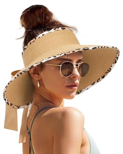 Camptrace Sun Visors for Women Wide Brim Beach Hat Foldable Straw Visor Hat Ponytail Summer Packable UPF 50+ - Image 1