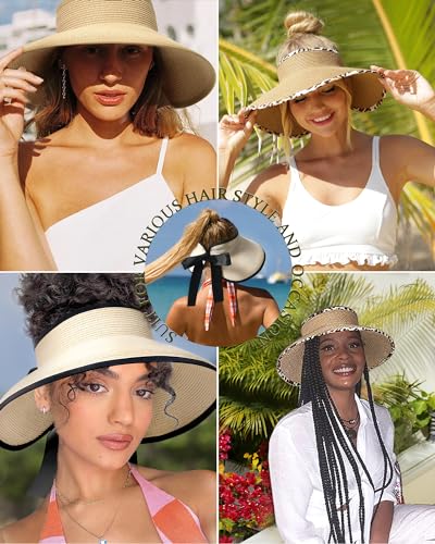 Camptrace Sun Visors for Women Wide Brim Beach Hat Foldable Straw Visor Hat Ponytail Summer Packable UPF 50+ - Image 5
