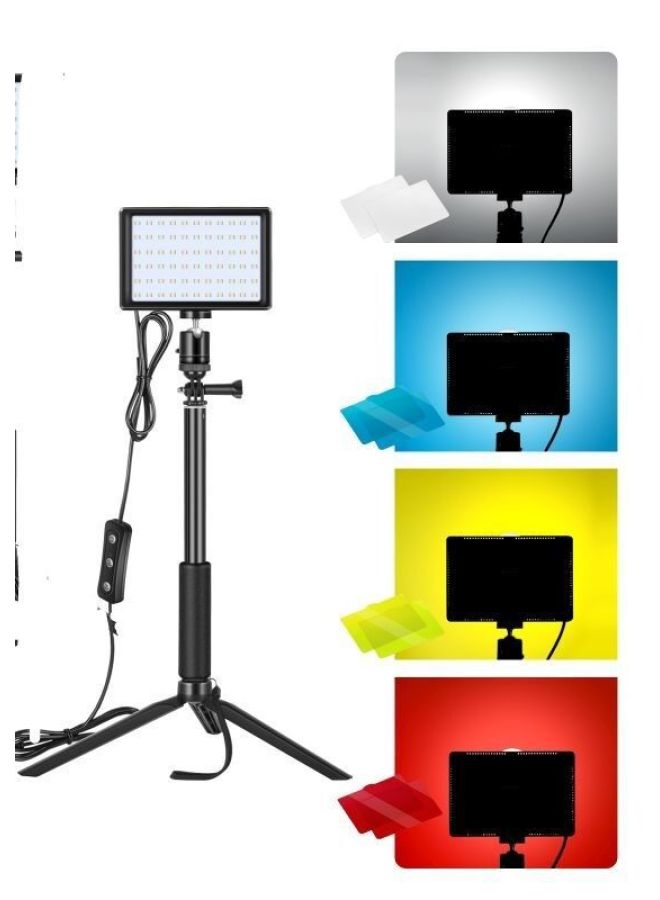 بقعة LED ضوء لوحة مسطحة حية درجة حرارة لون مزدوجة مع 4 ألوان صوت اهتزاز للفيلم تصوير فوتوغرافي مباشر للأغذية، ملء الفيديو، لون مصدر الضوء: مصباح واحد، عصا سيلفي واحدة، حامل ثلاثي صغير، حامل ثلاثي ال - Image 1