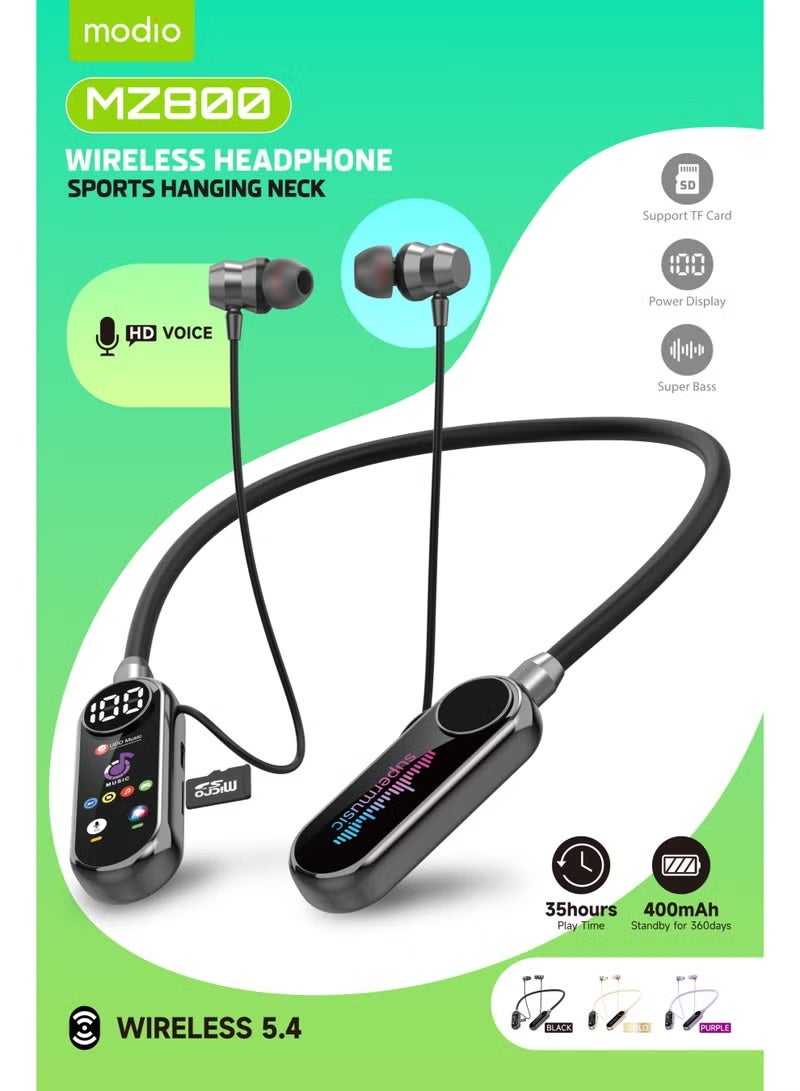 موديو MZ800 Wireless Neckband Headphones with Bluetooth 5.4, LED Power Display, Super Bass Sound Quality, TF Card Support, 35-Hour Playtime, Ergonomic Comfortable Design – Premium Black Neckband Earphones for Music, Travel, Work, and Fitness - Image 2