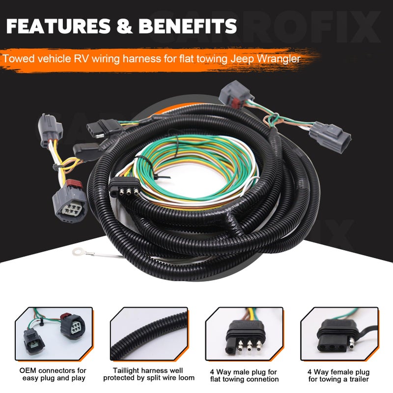 CARROFIX مجموعة توصيل الأسلاك المخصصة CARROFIX 4 طرق للمركبات المقطورة RV لتوصيل سيارة جيب رانجلر JK من 2007-2018 - 58903 موصل سلك المصباح الخلفي - Image 2