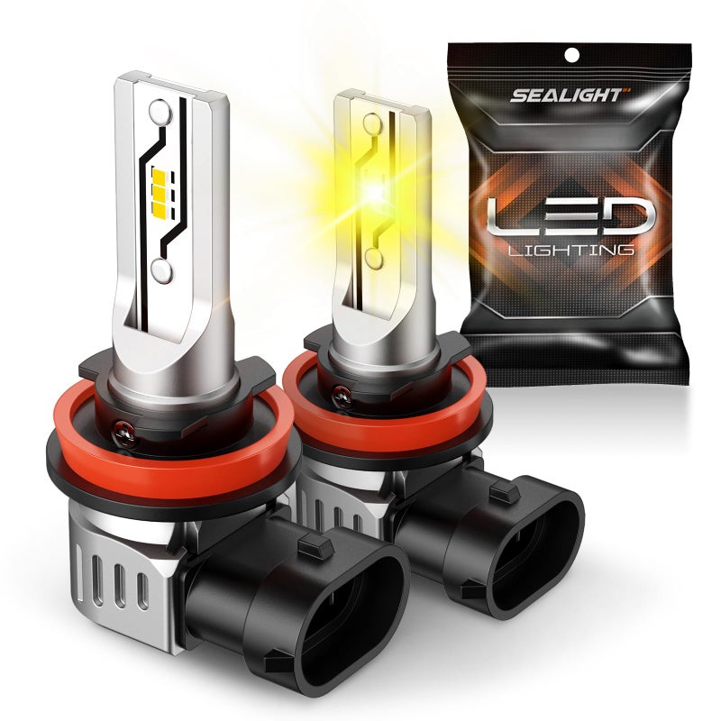 SEALIGHT H11 LED Fog Light Bulbs Yellow 12000LM H8 H16 H11 Yellow LED Fog Light Bulb 600 Brightness Upgrade 11 Size 100 Installation for Trucks Cars 3000K Amber Yellow Pack of 2