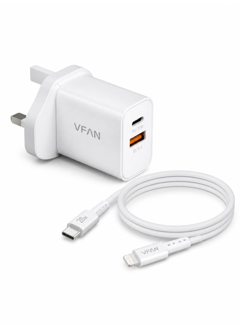 VFAN UK03 20W PD QC3.0 Fast Charger Set, UK Plug USB-C & USB-A Dual Port Wall Charger With 1M Type-C To Lightning Cable, Compatible With iPhone 14/13/12/11/X/8 Series, White - Image 1
