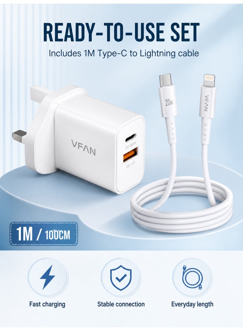 VFAN UK03 20W PD QC3.0 Fast Charger Set, UK Plug USB-C & USB-A Dual Port Wall Charger With 1M Type-C To Lightning Cable, Compatible With iPhone 14/13/12/11/X/8 Series, White - Image 2