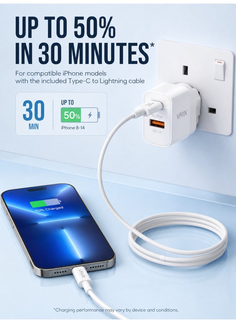 VFAN UK03 20W PD QC3.0 Fast Charger Set, UK Plug USB-C & USB-A Dual Port Wall Charger With 1M Type-C To Lightning Cable, Compatible With iPhone 14/13/12/11/X/8 Series, White - Image 3
