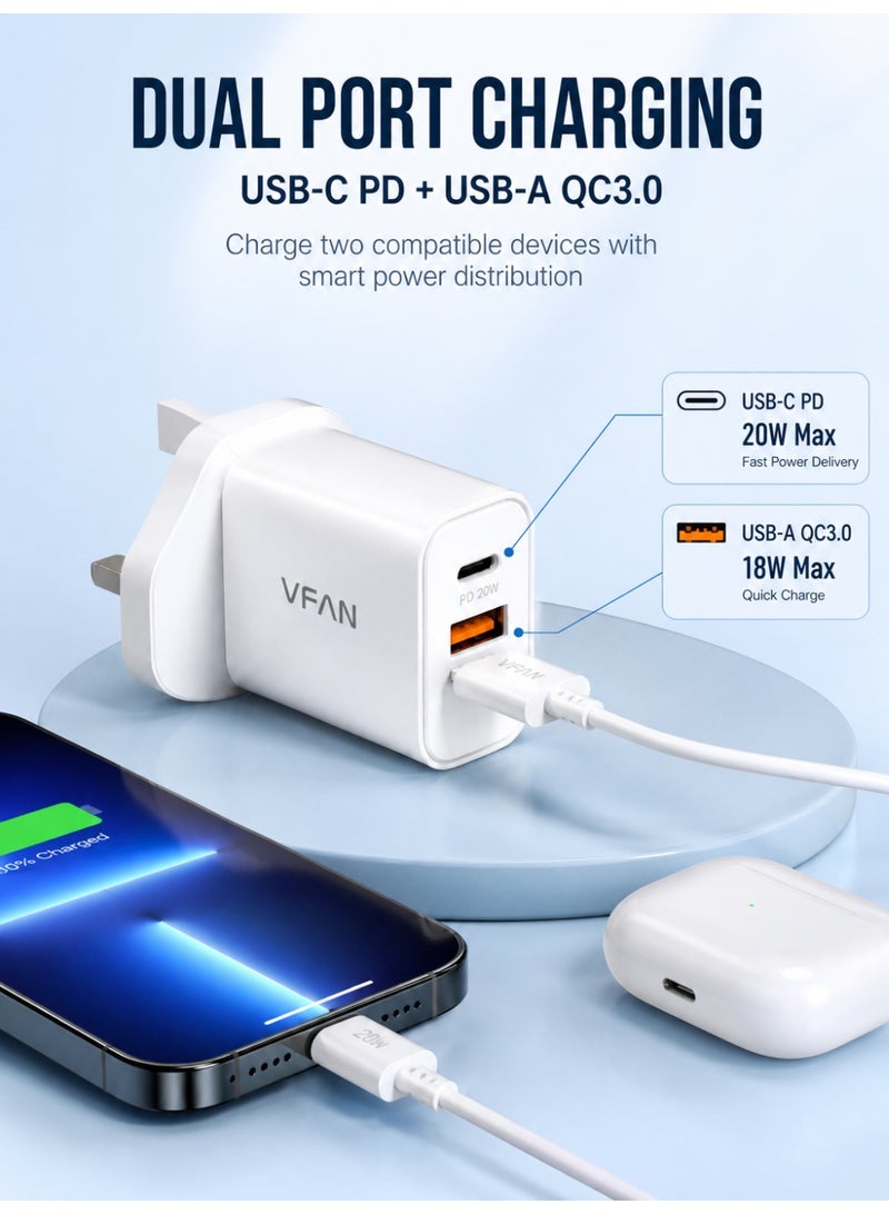 VFAN UK03 20W PD QC3.0 Fast Charger Set, UK Plug USB-C & USB-A Dual Port Wall Charger With 1M Type-C To Lightning Cable, Compatible With iPhone 14/13/12/11/X/8 Series, White - Image 4