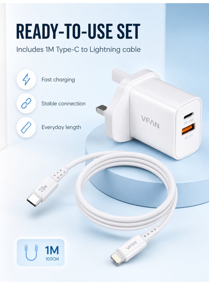 VFAN UK03 20W PD QC3.0 Fast Charger Set, UK Plug USB-C & USB-A Dual Port Wall Charger With 1M Type-C To Lightning Cable, Compatible With iPhone 14/13/12/11/X/8 Series, White - Image 5