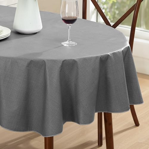 Lintex Cafe Hotel Linen Look Vinyl Flannel Backed Tablecloth, Heavyweight 4 Gauge, 60 x 84 Inch Oval, Grey Indoor Outdoor Waterproof Wipe Clean Table Cover - Image 1