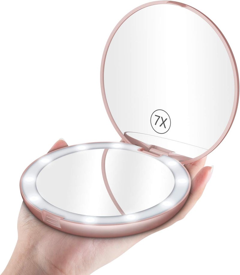 Benbilry LED Lighted Compact Travel Makeup Mirror with Lights, 1x/7x Magnification, 5 Inch Dual Sided Portable Illuminated – Perfect for Handbag - Image 1