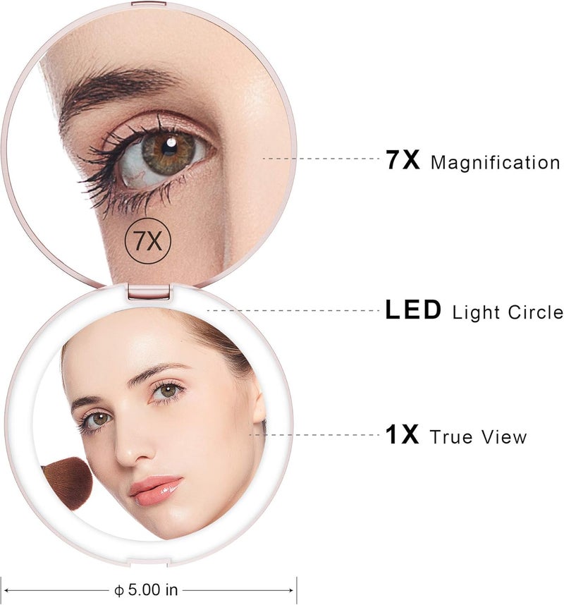 Benbilry LED Lighted Compact Travel Makeup Mirror with Lights, 1x/7x Magnification, 5 Inch Dual Sided Portable Illuminated – Perfect for Handbag - Image 2