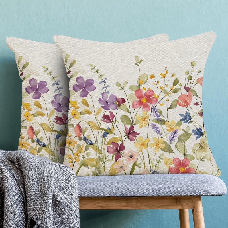 AEIOAE Spring Pillow Covers 18x18 Inch Set of 2, Colorful Wild Flower Leaves Plant Throw Pillows Case,Seasonal Floral Outdoor Decorative Farmhouse Decor Cushion Covers for Home Sofa Bed Couch - Image 2