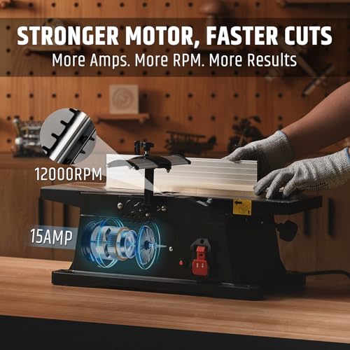 WOODSTARTER 6-Inch Benchtop Jointer with 15 Amp Motor, 12000 RPM Cutting Speed, Adjustable Fence 90–135°, Up to 1/8" Depth, HSS Blades, Table Jointer To for Woodworking DIY - Image 5