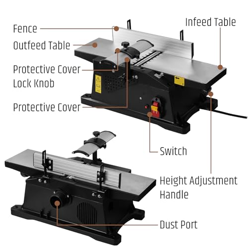 WOODSTARTER 6-Inch Benchtop Jointer with 15 Amp Motor, 12000 RPM Cutting Speed, Adjustable Fence 90–135°, Up to 1/8" Depth, HSS Blades, Table Jointer To for Woodworking DIY - Image 3