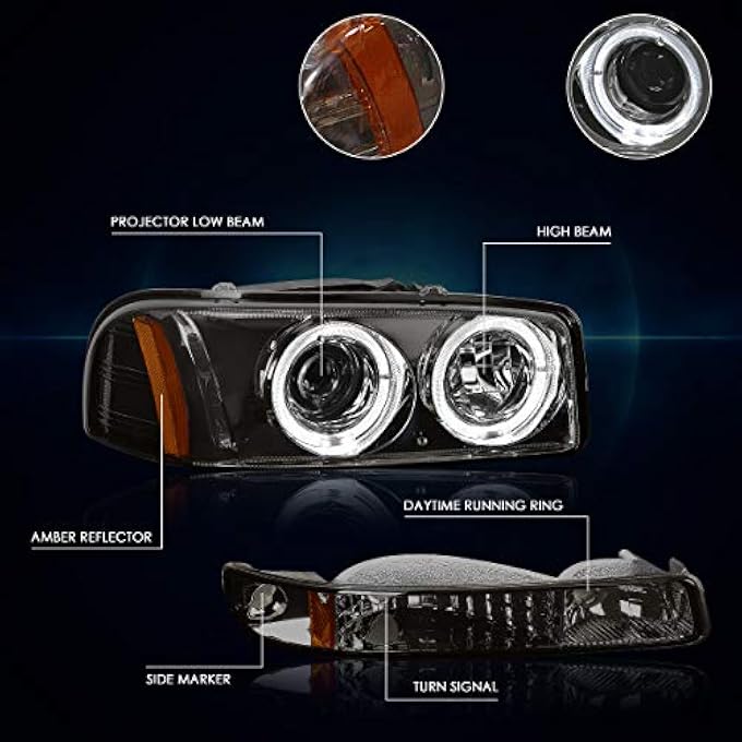 PM Performotor PmhlGsie99064PHaPSa Smoke Lens Amber Dual Led Projector Headlights Compatible With 9907 Gmc Sierra 15000107 Sierra 2500 Hd 9906 Yukon Does Not Fit All Denali Trims - Image 2