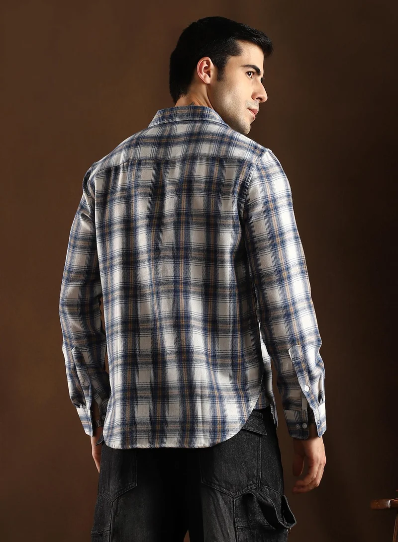 CAHOOT  Men's Off-White & Denim Blue Gradient-Check Regular Shirt for Men | Best Price UAE