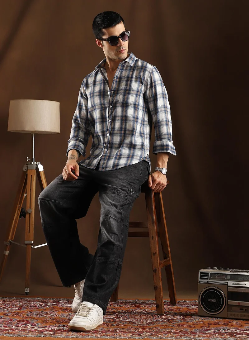 CAHOOT  Men's Off-White & Denim Blue Gradient-Check Regular Shirt for Men | Best Price UAE