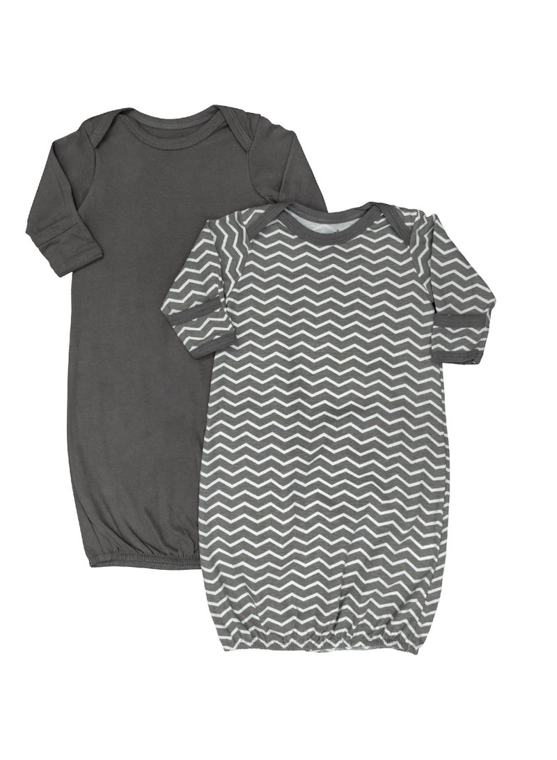 Moon Sleep Gowns Pack Of 2 Full Sleeves With Foldover Cuffs, Elastic Bottom Hem Grey And Stripes Print - Image 1