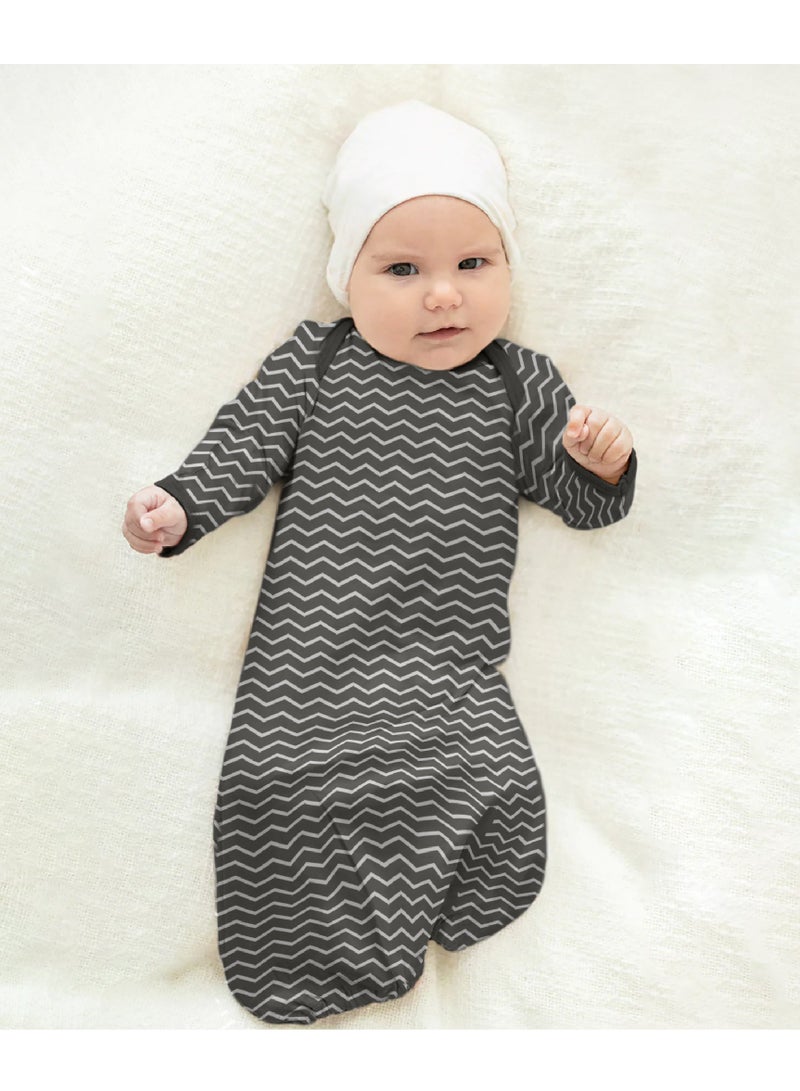 Moon Sleep Gowns Pack Of 2 Full Sleeves With Foldover Cuffs, Elastic Bottom Hem Grey And Stripes Print - Image 2
