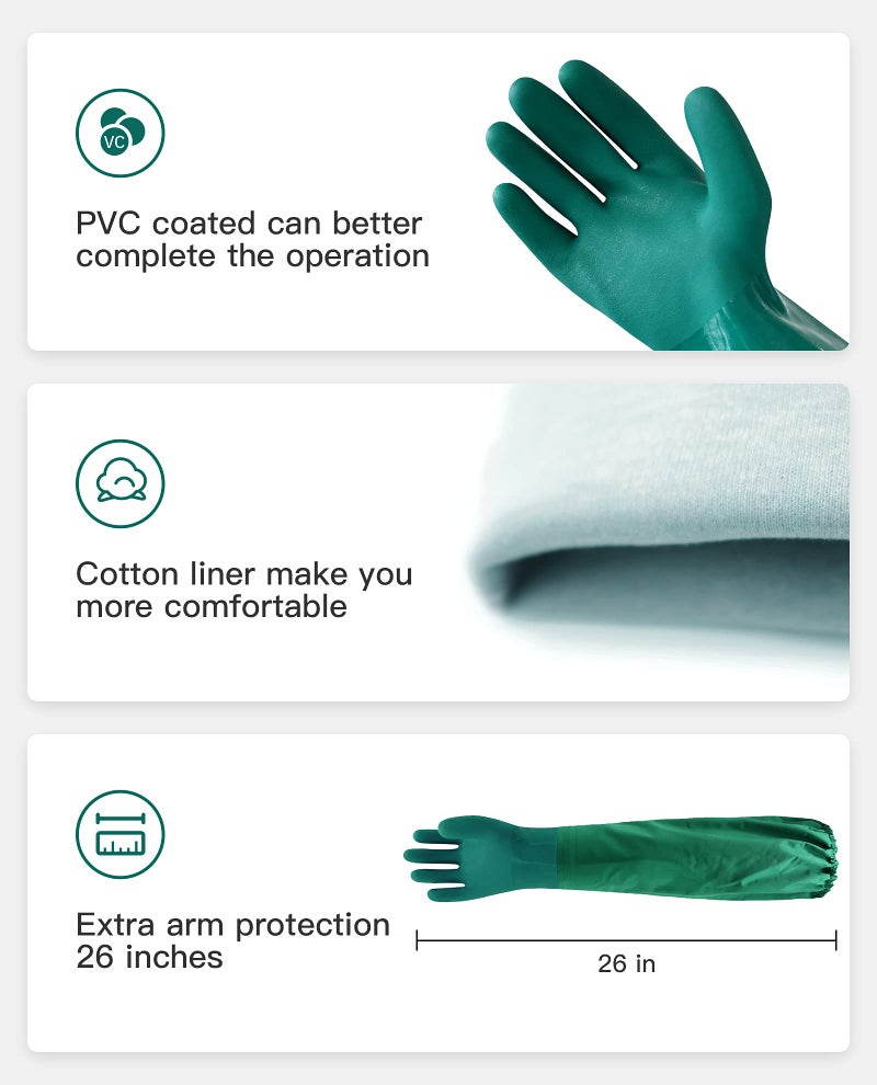 Pacific PPE 26 "" قفازات مطاطية قفازات مقاومة كيميائية PVC قابلة لإعادة الاستخدام قفازات مقاومة للماء مع بطانة قطنية مضادة للحمض القليد والزيت كبير - Image 3