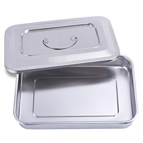 ANNWAH Medical Surgical Trays Stainless Steel Dental Instruments Tray Organizer Holder Sterilization Plate Trays Boxs with Lid & Handle Grip Large - Image 1