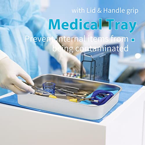 ANNWAH Medical Surgical Trays Stainless Steel Dental Instruments Tray Organizer Holder Sterilization Plate Trays Boxs with Lid & Handle Grip Large - Image 2