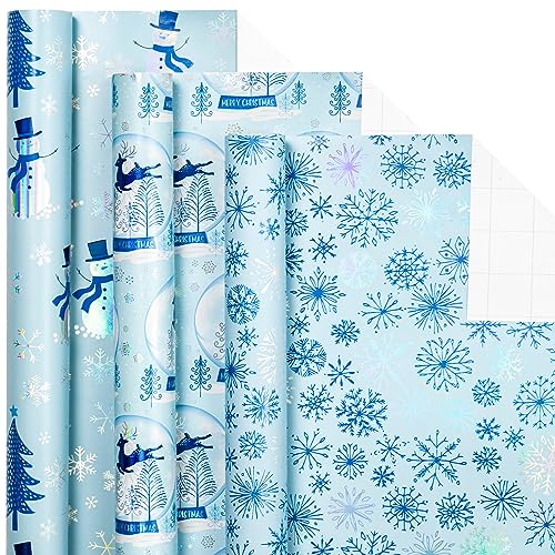 LeZakaa Blue Christmas Wrapping Paper Mini Roll Snowman Reindeer Crystal Ball Snowflake Tree Metallic Foil Holiday Gift Wrap Arts Craft for Xmas Winter Party 17 x 120 inches 3 Rolls - Image 1
